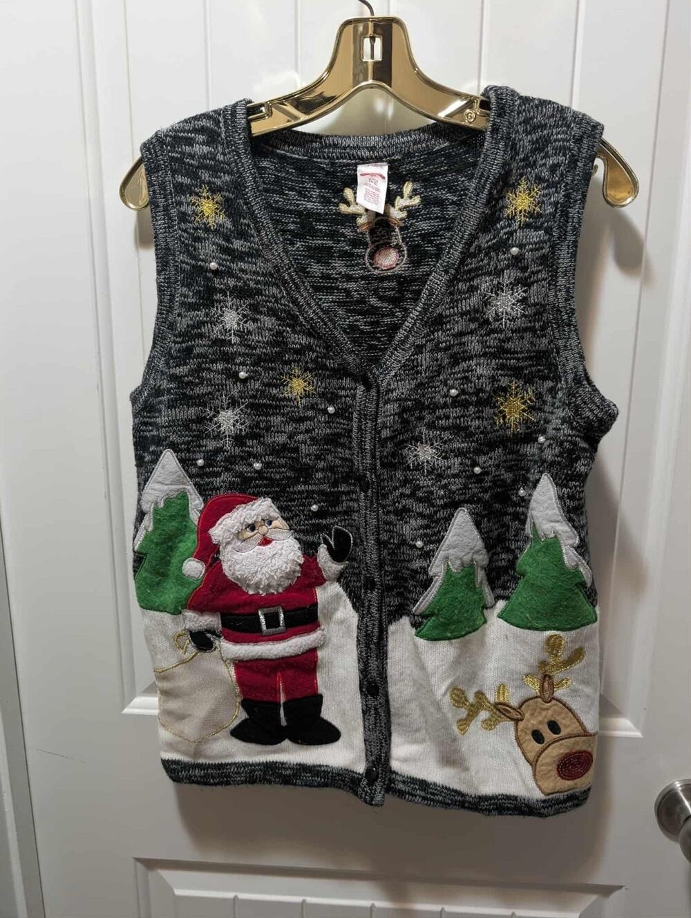 Ugly Christmas Sweater Vest Size S Santa Reindeer Gold Felt Rudolph Holiday Time